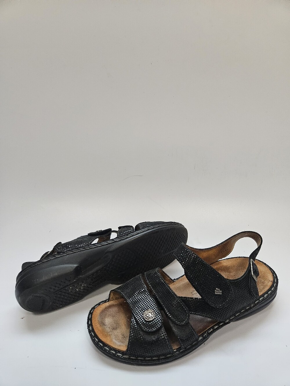 FINN COMFORT Gomera Black Leather Slingback Low Wedge Sandal Sz 11.5